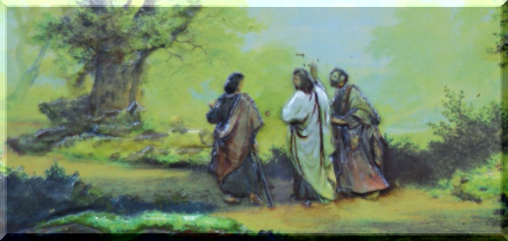 エマオへの道で二人の弟子が論じ合い語り合っていると、イエスが現れともに語らいます。
            　　　　　　　　そして、彼らとともに食卓に着かれたイエスはパンをとって祝福し割いて彼らに渡されます。弟子たちのの目が開か
            れイエスだとわかります。